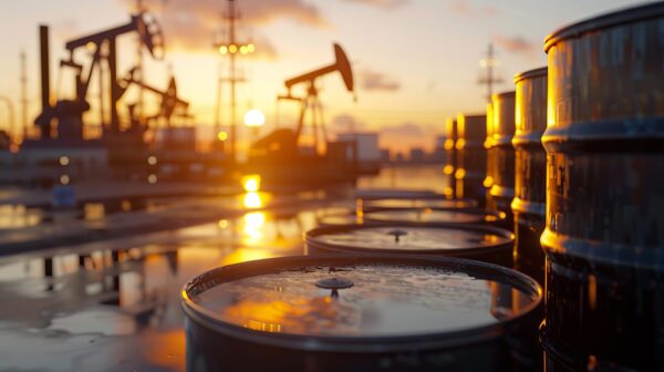Industrial sunset  striking visual of crude oil barrels illuminated by warm evening hues